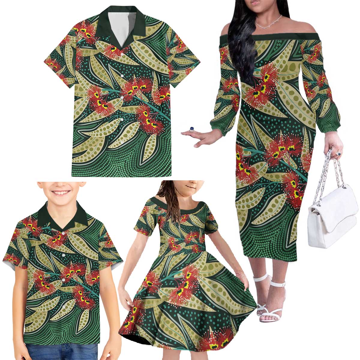 Australian Native Eucalyptus Plant Family Matching Off The Shoulder Long Sleeve Dress and Hawaiian Shirt Aboriginal Dot Art