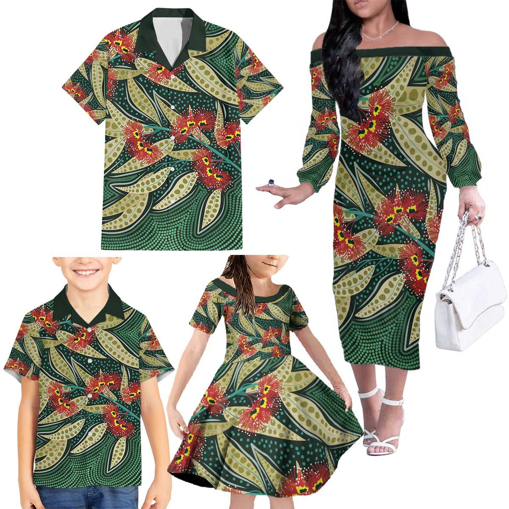 Australian Native Eucalyptus Plant Family Matching Off The Shoulder Long Sleeve Dress and Hawaiian Shirt Aboriginal Dot Art