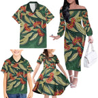 Australian Native Eucalyptus Plant Family Matching Off The Shoulder Long Sleeve Dress and Hawaiian Shirt Aboriginal Dot Art