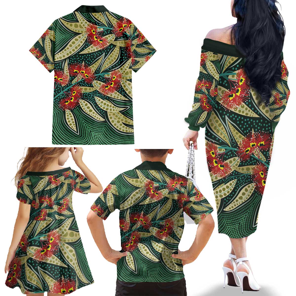 Australian Native Eucalyptus Plant Family Matching Off The Shoulder Long Sleeve Dress and Hawaiian Shirt Aboriginal Dot Art