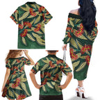 Australian Native Eucalyptus Plant Family Matching Off The Shoulder Long Sleeve Dress and Hawaiian Shirt Aboriginal Dot Art