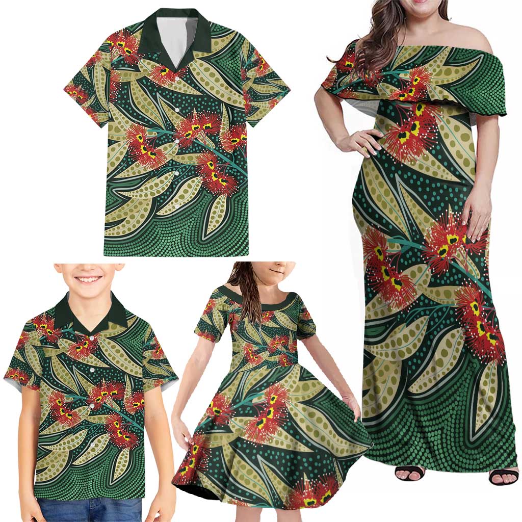 Australian Native Eucalyptus Plant Family Matching Off Shoulder Maxi Dress and Hawaiian Shirt Aboriginal Dot Art