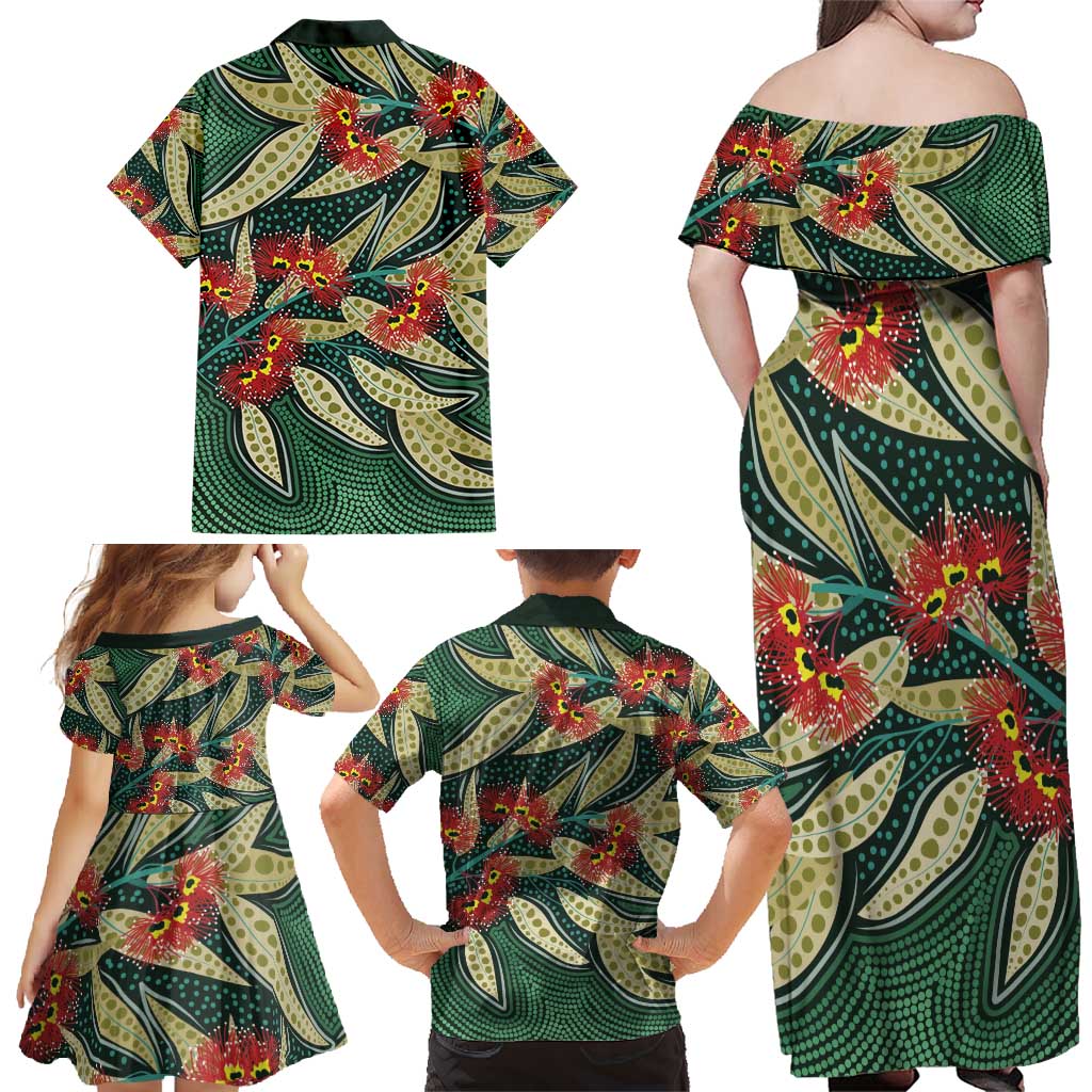 Australian Native Eucalyptus Plant Family Matching Off Shoulder Maxi Dress and Hawaiian Shirt Aboriginal Dot Art