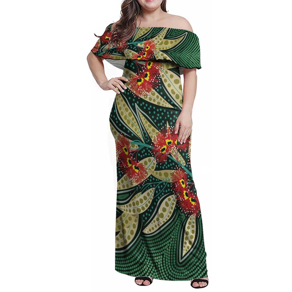 Australian Native Eucalyptus Plant Family Matching Off Shoulder Maxi Dress and Hawaiian Shirt Aboriginal Dot Art