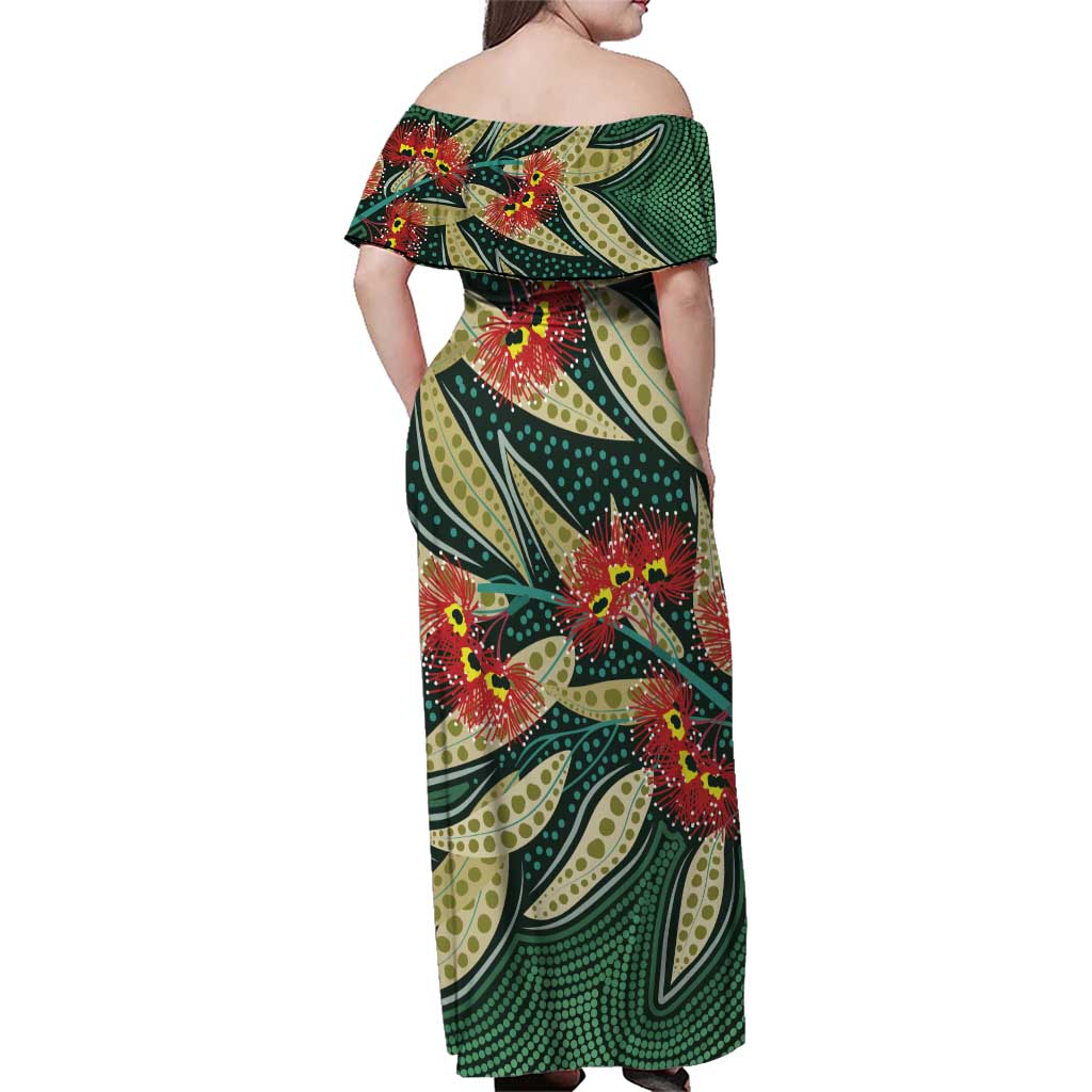 Australian Native Eucalyptus Plant Family Matching Off Shoulder Maxi Dress and Hawaiian Shirt Aboriginal Dot Art