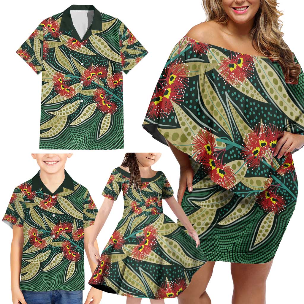 Australian Native Eucalyptus Plant Family Matching Off Shoulder Short Dress and Hawaiian Shirt Aboriginal Dot Art
