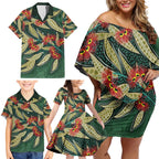 Australian Native Eucalyptus Plant Family Matching Off Shoulder Short Dress and Hawaiian Shirt Aboriginal Dot Art