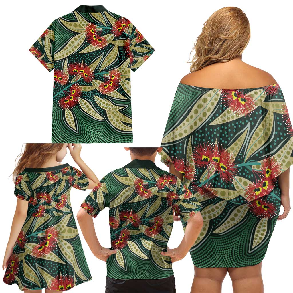 Australian Native Eucalyptus Plant Family Matching Off Shoulder Short Dress and Hawaiian Shirt Aboriginal Dot Art