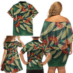 Australian Native Eucalyptus Plant Family Matching Off Shoulder Short Dress and Hawaiian Shirt Aboriginal Dot Art
