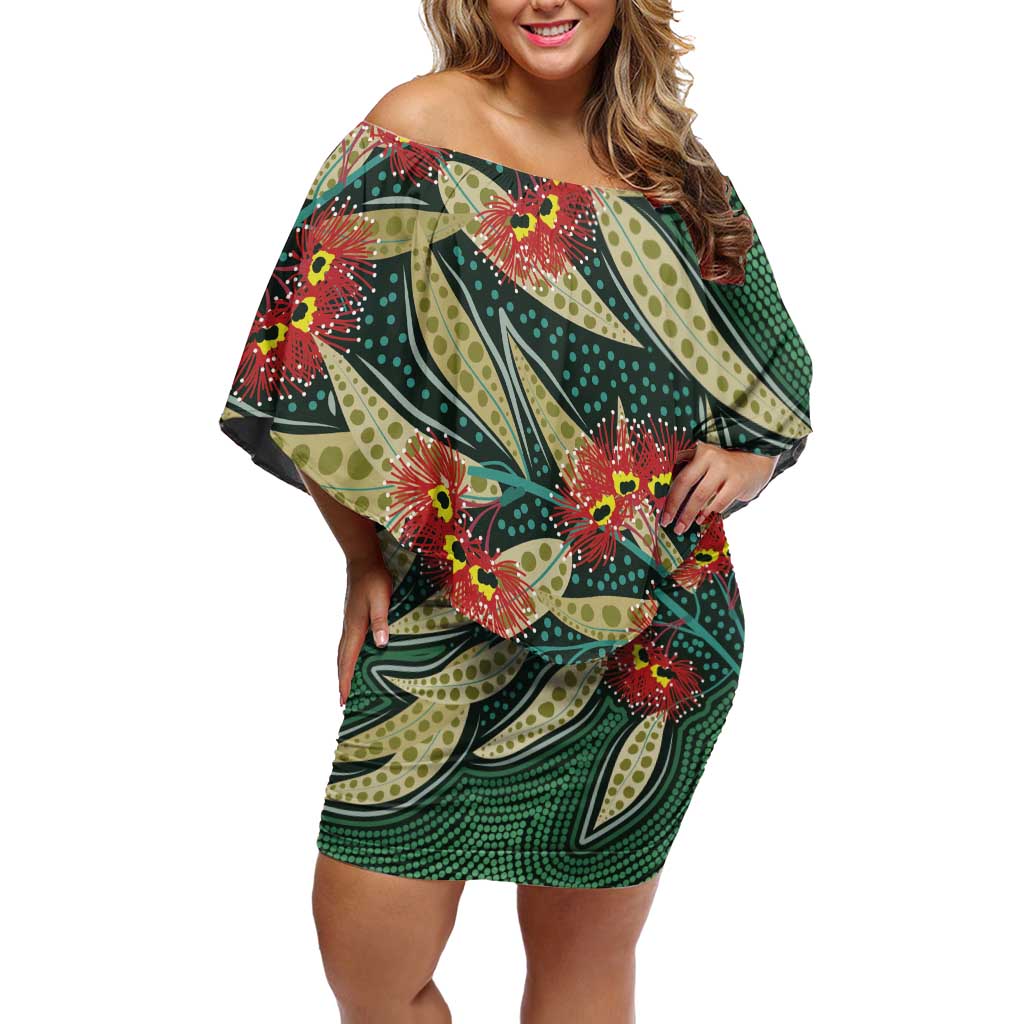 Australian Native Eucalyptus Plant Family Matching Off Shoulder Short Dress and Hawaiian Shirt Aboriginal Dot Art