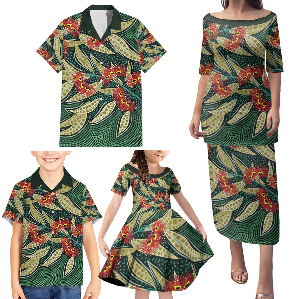 Australian Native Eucalyptus Plant Family Matching Puletasi and Hawaiian Shirt Aboriginal Dot Art