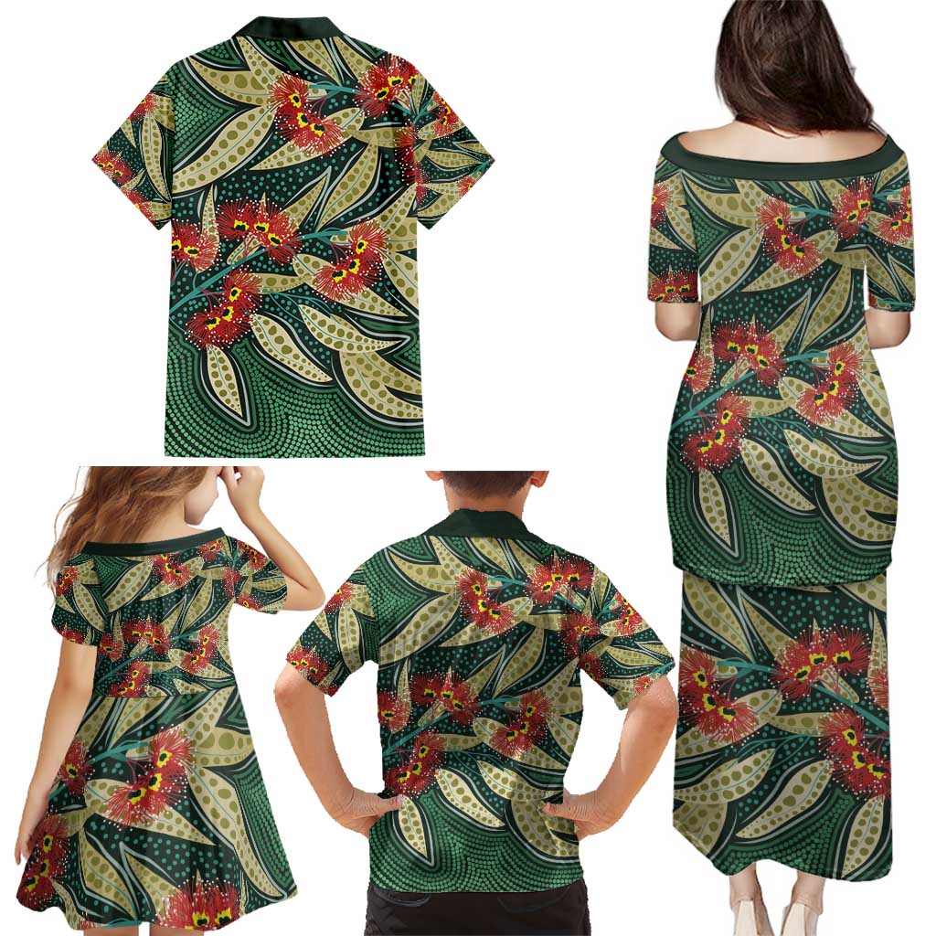 Australian Native Eucalyptus Plant Family Matching Puletasi and Hawaiian Shirt Aboriginal Dot Art