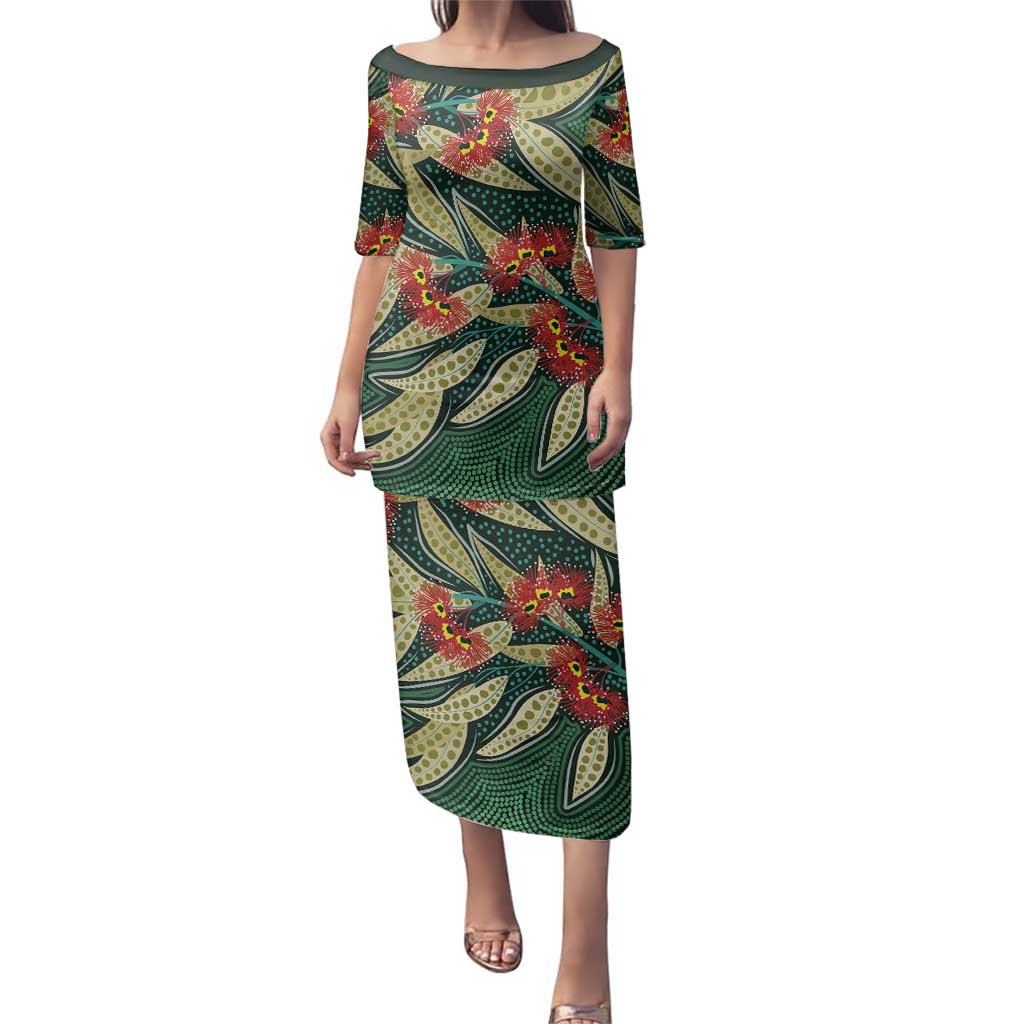 Australian Native Eucalyptus Plant Family Matching Puletasi and Hawaiian Shirt Aboriginal Dot Art