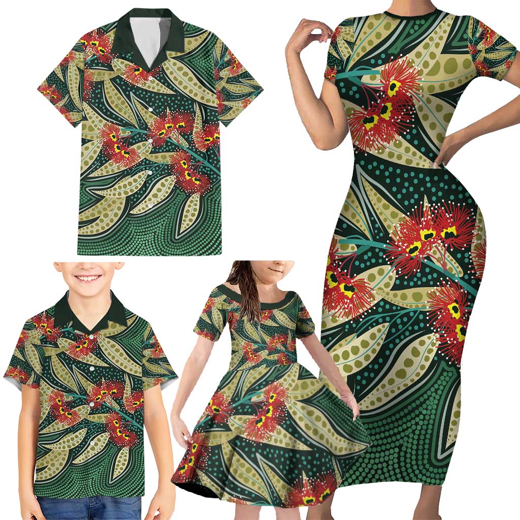 Australian Native Eucalyptus Plant Family Matching Short Sleeve Bodycon Dress and Hawaiian Shirt Aboriginal Dot Art