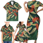 Australian Native Eucalyptus Plant Family Matching Short Sleeve Bodycon Dress and Hawaiian Shirt Aboriginal Dot Art