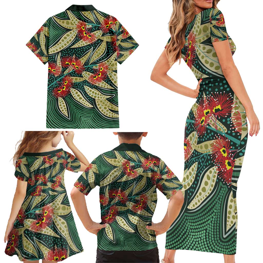 Australian Native Eucalyptus Plant Family Matching Short Sleeve Bodycon Dress and Hawaiian Shirt Aboriginal Dot Art