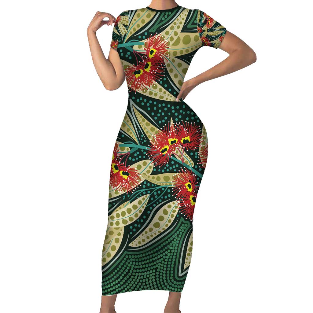 Australian Native Eucalyptus Plant Family Matching Short Sleeve Bodycon Dress and Hawaiian Shirt Aboriginal Dot Art