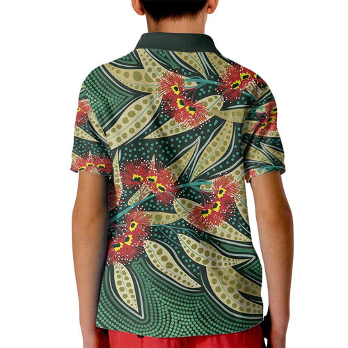 Australian Native Eucalyptus Plant Kid Polo Shirt Aboriginal Dot Art