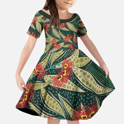 Australian Native Eucalyptus Plant Kid Short Sleeve Dress Aboriginal Dot Art
