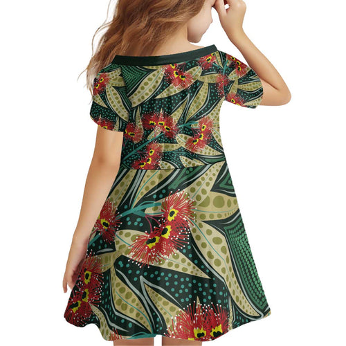 Australian Native Eucalyptus Plant Kid Short Sleeve Dress Aboriginal Dot Art