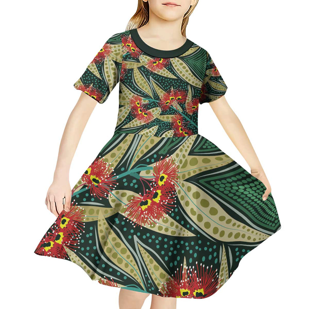 Australian Native Eucalyptus Plant Kid Short Sleeve Dress Aboriginal Dot Art