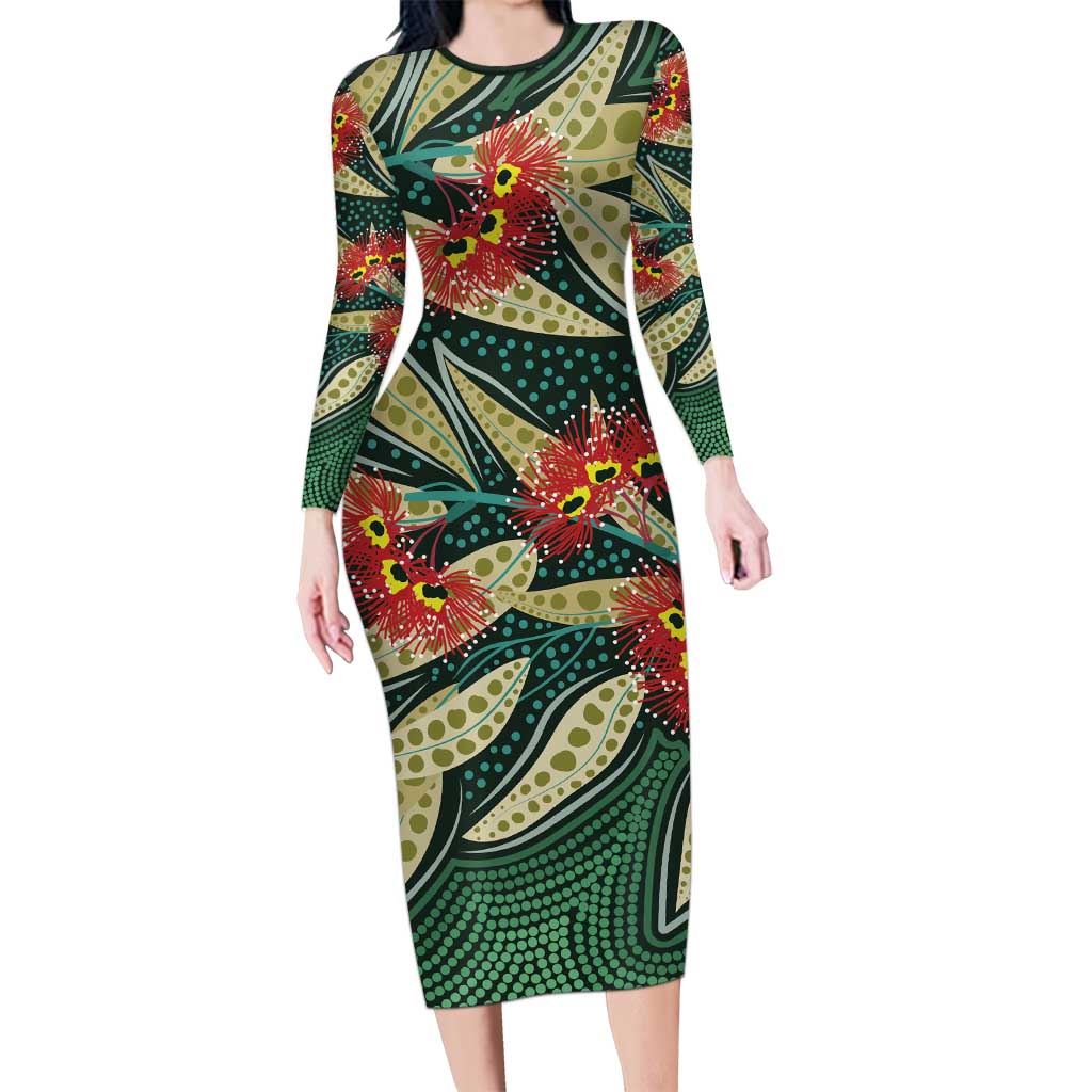Australian Native Eucalyptus Plant Long Sleeve Bodycon Dress Aboriginal Dot Art