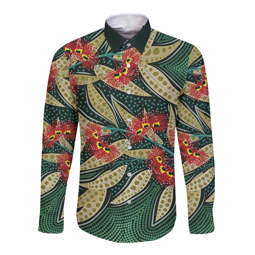 Australian Native Eucalyptus Plant Long Sleeve Button Shirt Aboriginal Dot Art