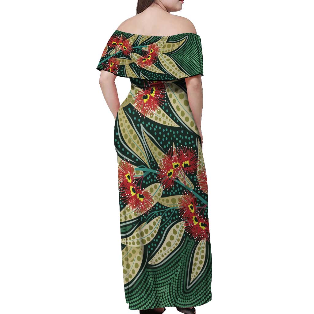 Australian Native Eucalyptus Plant Off Shoulder Maxi Dress Aboriginal Dot Art