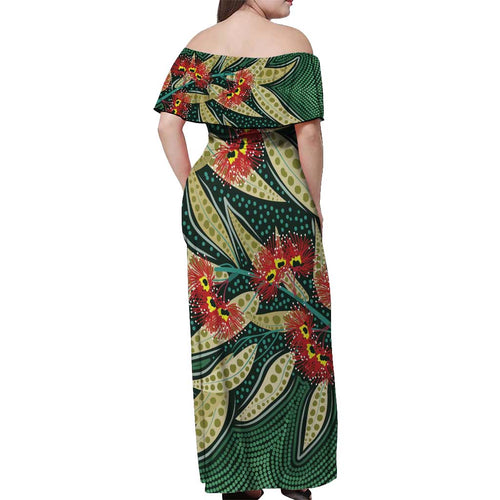 Australian Native Eucalyptus Plant Off Shoulder Maxi Dress Aboriginal Dot Art