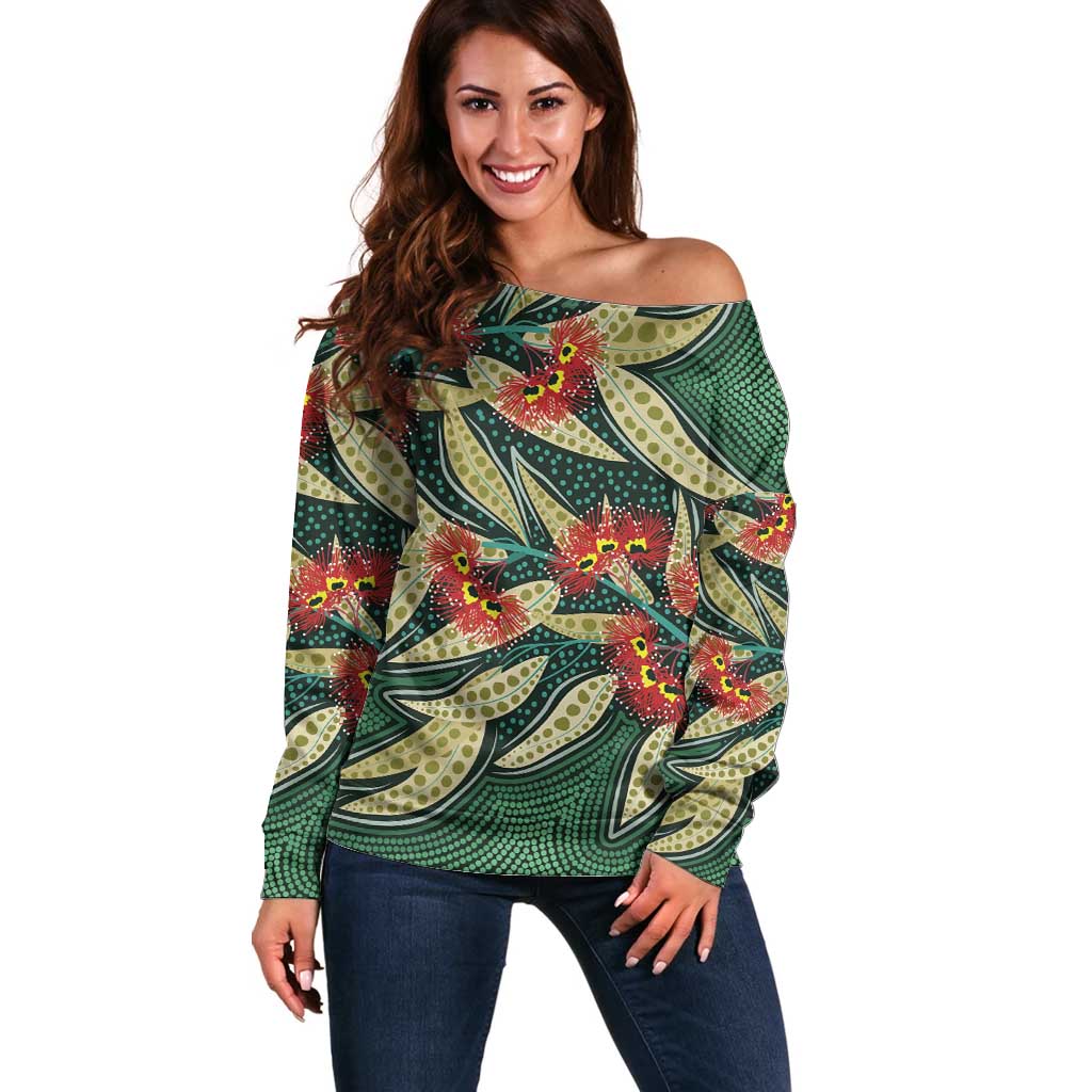 Australian Native Eucalyptus Plant Off Shoulder Sweater Aboriginal Dot Art