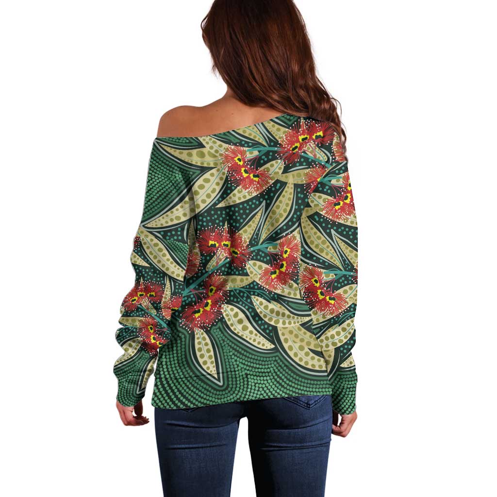 Australian Native Eucalyptus Plant Off Shoulder Sweater Aboriginal Dot Art