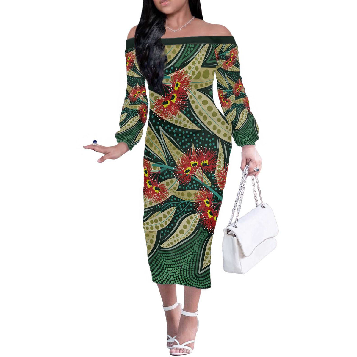 Australian Native Eucalyptus Plant Off The Shoulder Long Sleeve Dress Aboriginal Dot Art