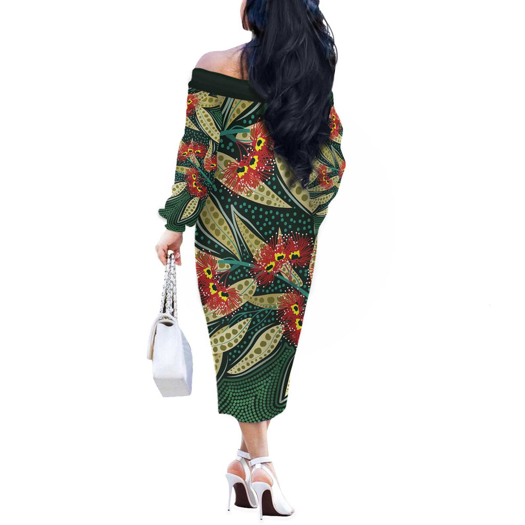 Australian Native Eucalyptus Plant Off The Shoulder Long Sleeve Dress Aboriginal Dot Art