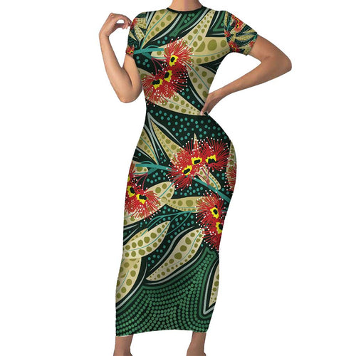 Australian Native Eucalyptus Plant Short Sleeve Bodycon Dress Aboriginal Dot Art