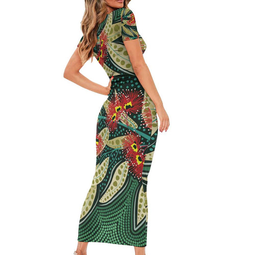 Australian Native Eucalyptus Plant Short Sleeve Bodycon Dress Aboriginal Dot Art