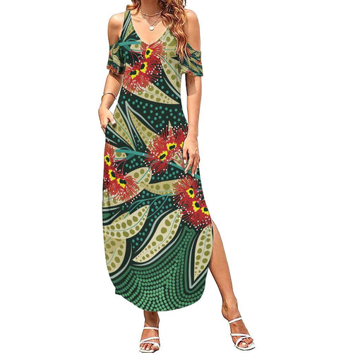 Australian Native Eucalyptus Plant Summer Maxi Dress Aboriginal Dot Art
