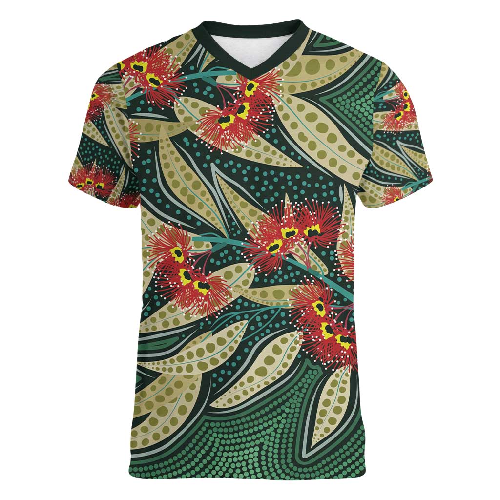 Australian Native Eucalyptus Plant Women V-Neck T-Shirt Aboriginal Dot Art