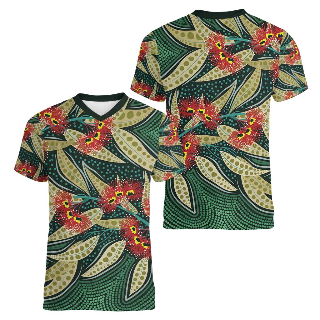 Australian Native Eucalyptus Plant Women V-Neck T-Shirt Aboriginal Dot Art