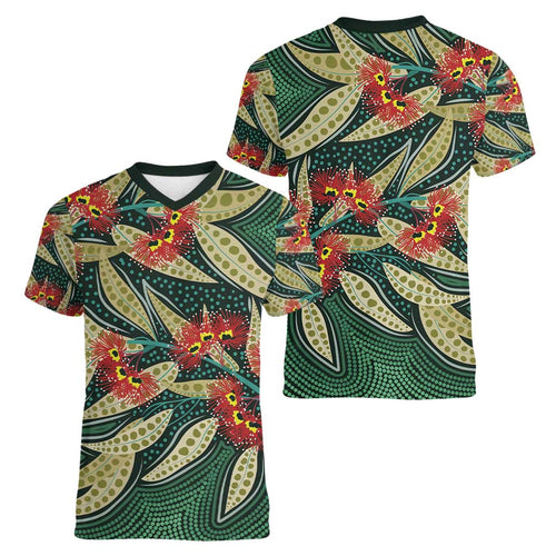 Australian Native Eucalyptus Plant Women V-Neck T-Shirt Aboriginal Dot Art