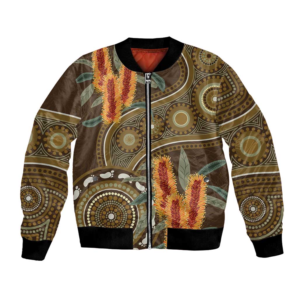 Australian Yellow Banksia Flowers Bomber Jacket Aboriginal Dot Art