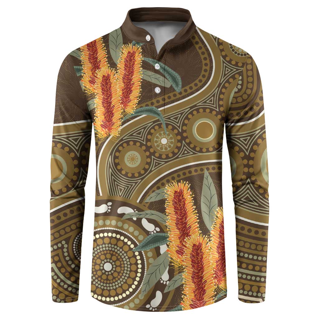 Australian Yellow Banksia Flowers Button Sweatshirt Aboriginal Dot Art