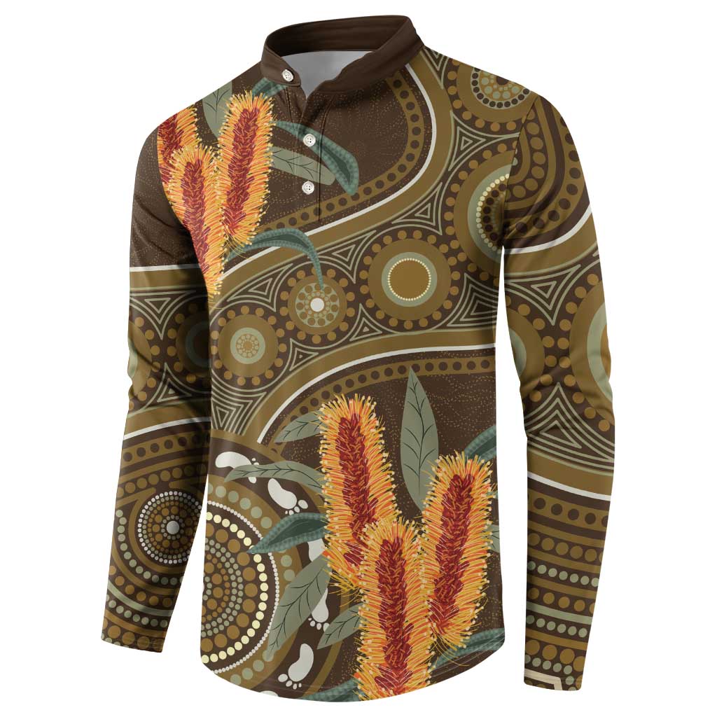 Australian Yellow Banksia Flowers Button Sweatshirt Aboriginal Dot Art