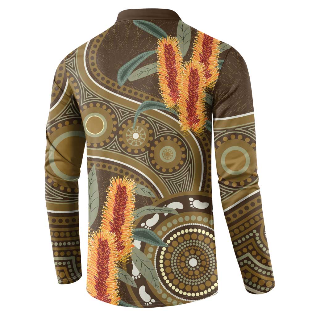 Australian Yellow Banksia Flowers Button Sweatshirt Aboriginal Dot Art