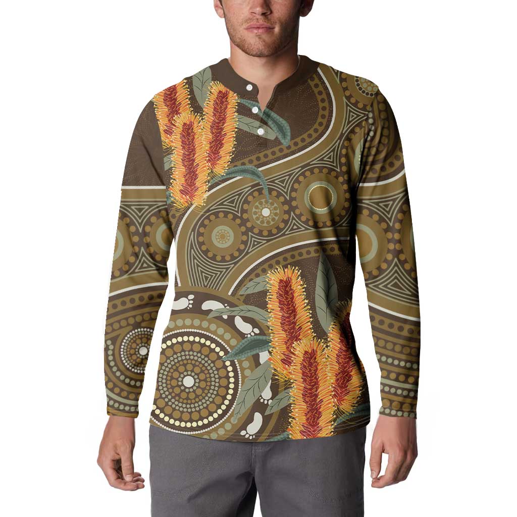 Australian Yellow Banksia Flowers Button Sweatshirt Aboriginal Dot Art