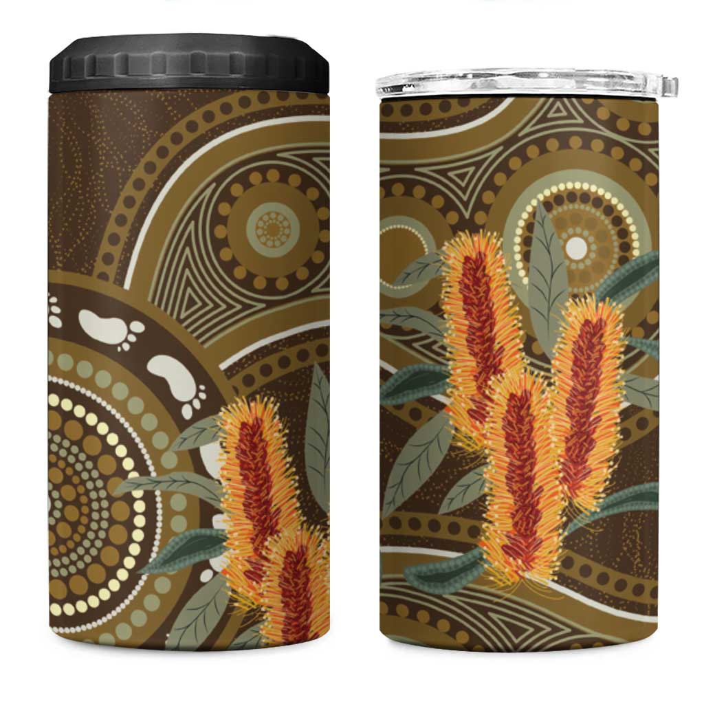 Australian Yellow Banksia Flowers 4 in 1 Can Cooler Tumbler Aboriginal Dot Art