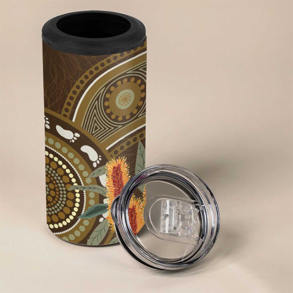 Australian Yellow Banksia Flowers 4 in 1 Can Cooler Tumbler Aboriginal Dot Art