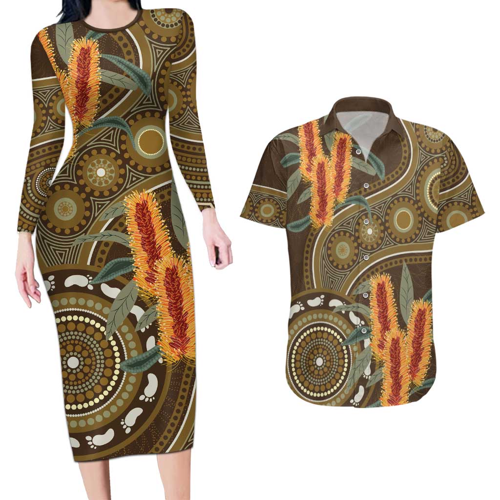 Australian Yellow Banksia Flowers Couples Matching Long Sleeve Bodycon Dress and Hawaiian Shirt Aboriginal Dot Art