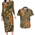 Australian Yellow Banksia Flowers Couples Matching Long Sleeve Bodycon Dress and Hawaiian Shirt Aboriginal Dot Art
