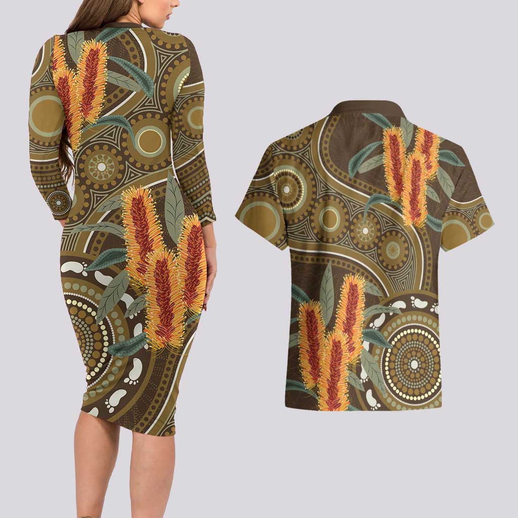Australian Yellow Banksia Flowers Couples Matching Long Sleeve Bodycon Dress and Hawaiian Shirt Aboriginal Dot Art
