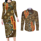 Australian Yellow Banksia Flowers Couples Matching Long Sleeve Bodycon Dress and Long Sleeve Button Shirt Aboriginal Dot Art